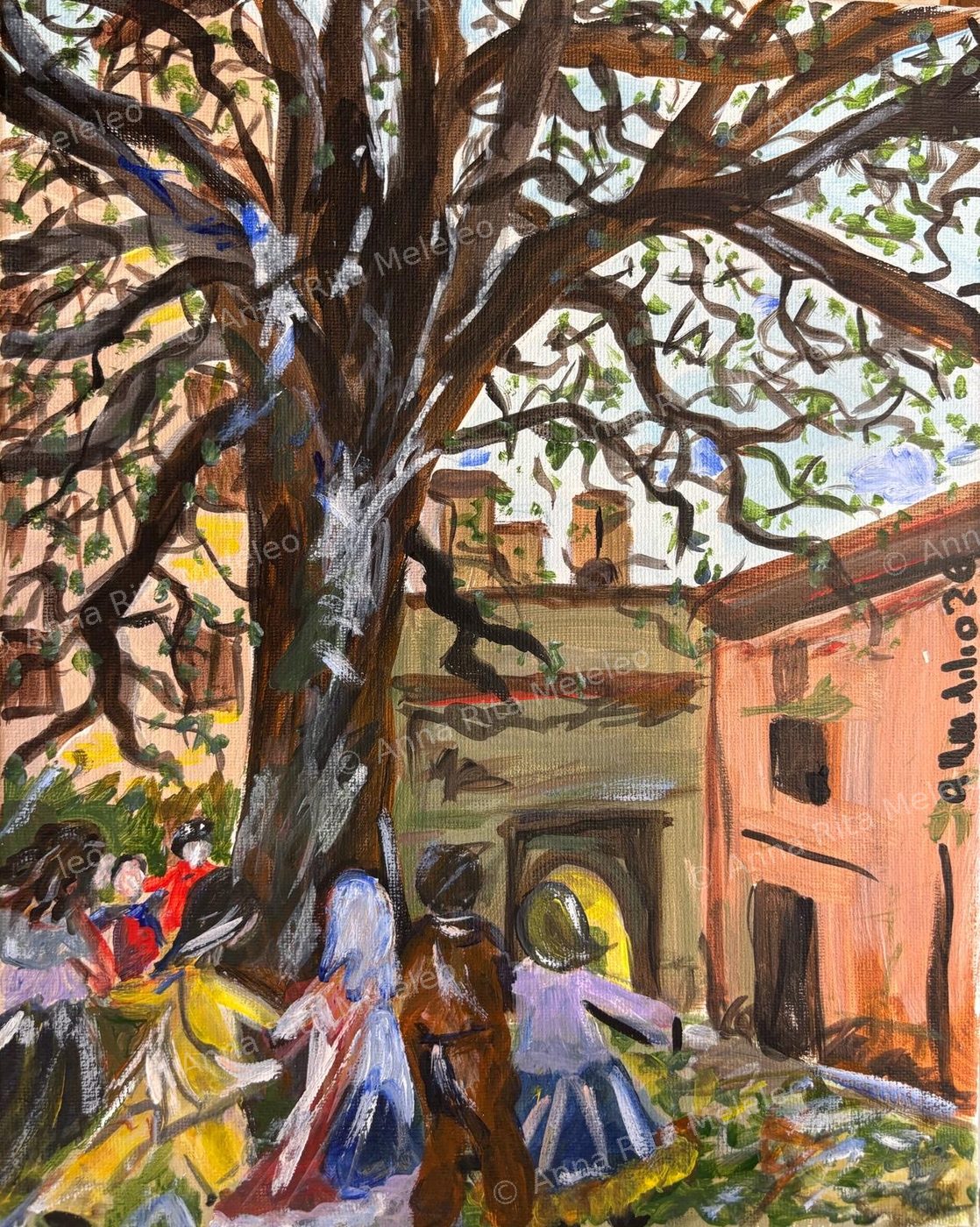 Albero spoglio davanti a case di paese con bambini che giocano, vestiti di colori diversi.