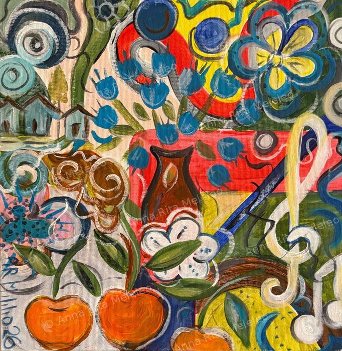Fantasia con brocca e frutti