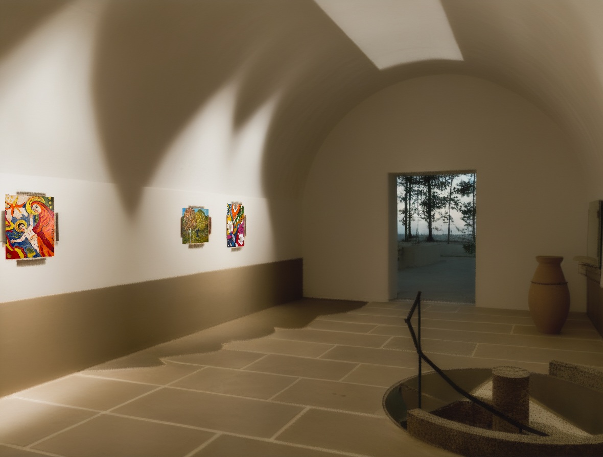 La sala voltata a piano terra, con le opere appese e la scala a chiocciola